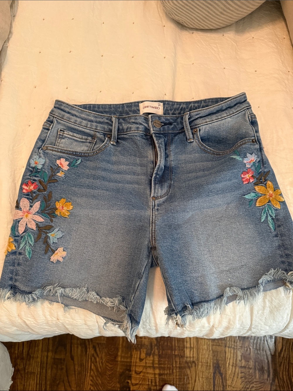 DRIFTWOOD Blue Denim Shorts with Multicolor Floral Embroidery